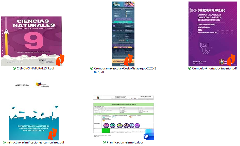 Formato, instructivo, currículo, libro y cronograma organizados para planificar